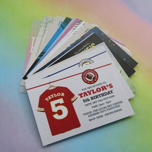 May include: A white and red birthday invitation with a red and yellow jersey with the number 5 and the name "Taylor" on it. The invitation says "You are invited to Taylor's 5th Birthday".