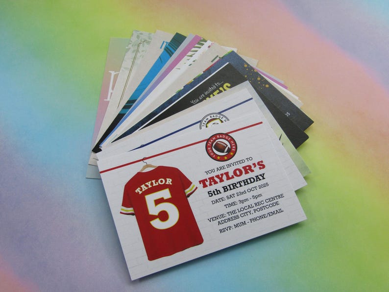 May include: A white and red birthday invitation with a red and yellow jersey with the number 5 and the name "Taylor" on it. The invitation says "You are invited to Taylor's 5th Birthday".