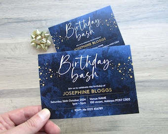 Birthday Bash  blue/gold A6 printed personalised party invitation