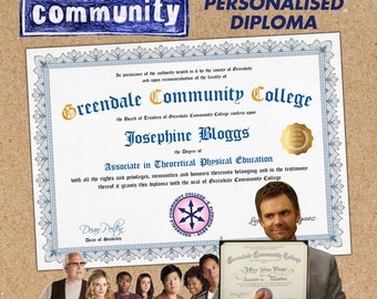 Greendale community college personalised degree diploma certificate , fan reproduction as seen on the tv show community