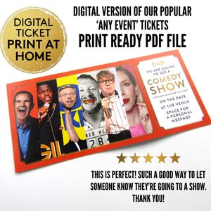 Puede incluir: Un boleto digital imprimible para un espectáculo de comedia. El boleto es rojo con un borde blanco y presenta un collage de fotos de personas que ríen. El texto en el boleto dice "Papá, vamos a ver un espectáculo de comedia".