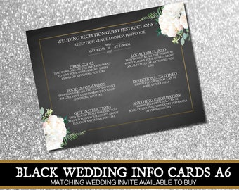 Black Wedding printed guest information cards floral personalised flower black white pink gold