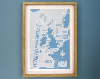 Shipping Forecast Art Print, UK Coastal Regions Map, Nautical Wall Decor A4 sized