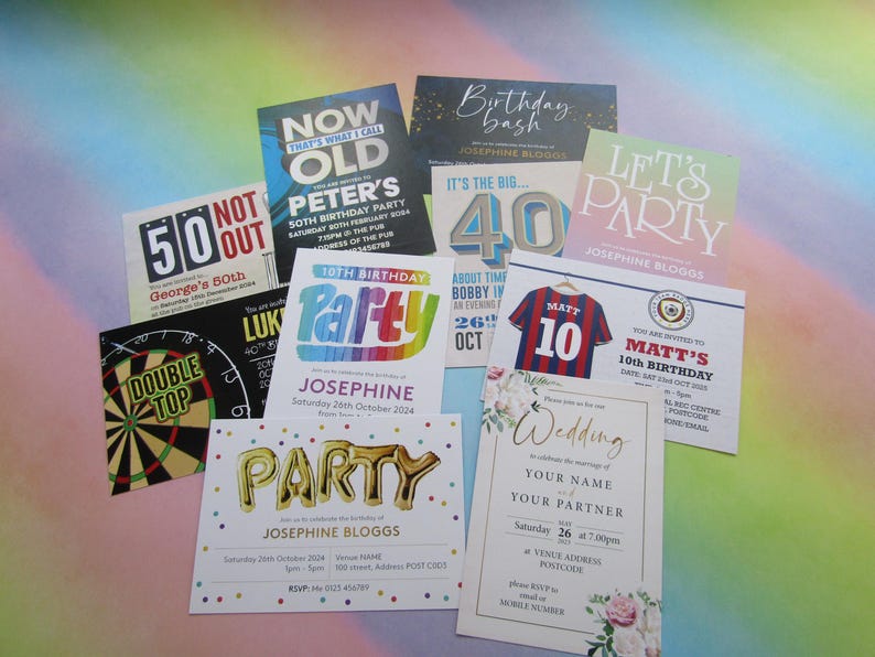 May include: A collection of colourful party invitations with various themes, including a 50th birthday, a wedding, a 40th birthday bash, a 10th birthday, and a "Let's Party" invitation. The invitations feature different designs, fonts, and colours.