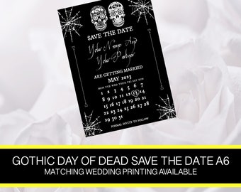 save the date  personalised and printed gothic skulls printed A6 wedding party invitation single sided Halloween day of the dead black