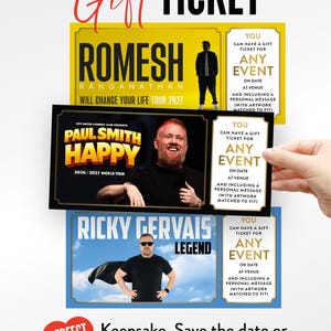May include: Three rectangular gift tickets featuring comedian portraits and event details. The top ticket is yellow for Romesh Ranganathan, the middle is black for Paul Smith Happy, and the bottom is blue for Ricky Gervais. Each ticket includes a customisable section.