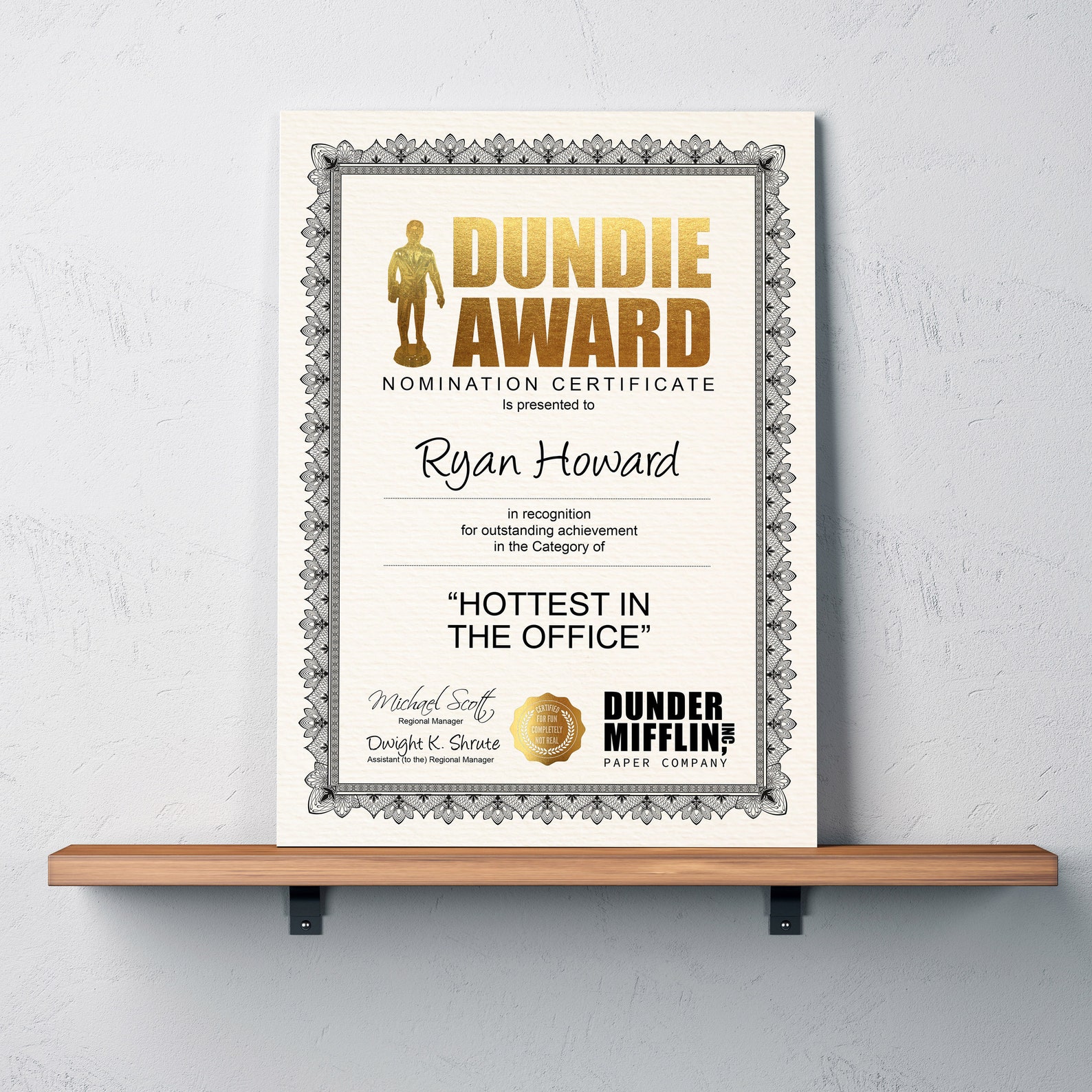 DUNDIE AWARD Dunder Mifflin Personalised Certificate Award | Etsy