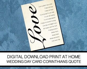 corinthians wedding day card congratulations printable at home digital download bride groom love is kind 1 corinthians 13 quote