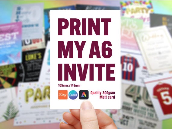 Print my A6 invite. or anything Quality 300gsm card, invitation printing service for your canva, etsy, adobe express designs fast turnaround