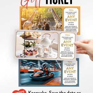 May include: Three rectangular gift ticket templates featuring different imagery: a giraffe exhibit, a tea service with a teapot and pastries, and a go-kart racer. Each ticket includes the text: YOU CAN HAVE A GIFT TICKET FOR ANY EVENT.