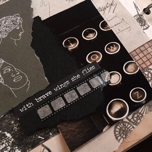 May include: A collage with a vintage aesthetic, featuring torn black paper, typewriter keys, and sketches of classical busts. The phrase "with brave wings she flies" is printed on a film strip.