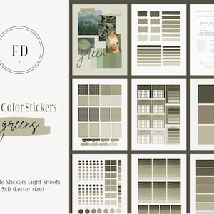 Könnte beinhalten: Eine Sammlung von druckbaren Aufklebern in verschiedenen Grüntönen. Die Bögen enthalten einfarbige Aufkleber, Etiketten und Kalendervorlagen. Der Text auf dem Bild lautet "Solid Color Stickers greens" und "Printable Stickers Eight Sheets 8.5x11 (Letter size)".
