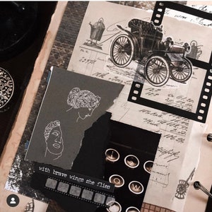 May include: A vintage-themed scrapbook page with a collage of ephemera. It features a black and white illustration of a classic car, film strip accents, and a black and white drawing of classical busts. The text "with brave wings she flies" is also included.