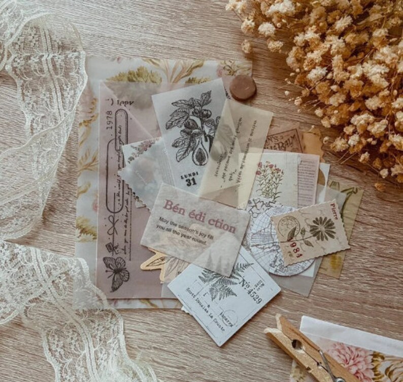 May include: A collection of vintage-style ephemera, including paper scraps, botanical illustrations, and handwritten notes. The assortment features a butterfly, a fig illustration, and the text "Bén édi ction". A lace ribbon and dried flowers are also present.