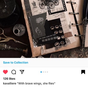 May include: A vintage-style scrapbook page with layered paper elements. Features a black and white illustration of a vintage car, film strip, and the text "With brave wings she flies". Includes a decorative pen and other antique-style embellishments.