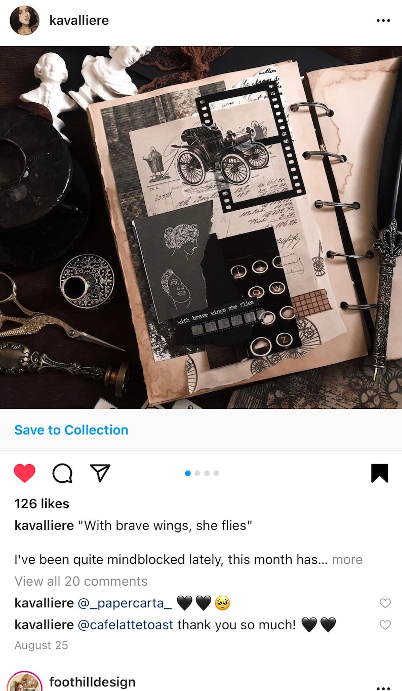 May include: A vintage-style scrapbook page with layered paper elements. Features a black and white illustration of a vintage car, film strip, and the text "With brave wings she flies". Includes a decorative pen and other antique-style embellishments.