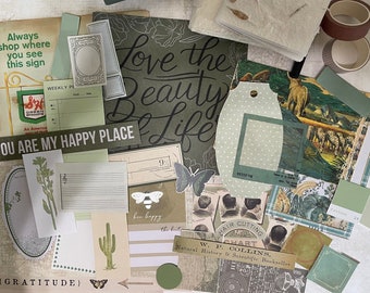 Junk Journal Kit, Green, Ephemera Pack, Colored Themed, Vintage, Handmade, Junk Journal Pieces, Vintage Paper, Ephemera, Mystery Pack