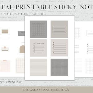 Op de afbeelding: Digitale, printbare plaknotities met diverse ontwerpen, waaronder een kalender, takenlijsten en gelinieerde en geruite pagina's. De tekst luidt "DIGITAL/PRINTABLE STICKY NOTES" en "INSTANT DOWNLOAD". Ontworpen door Foothill Design.