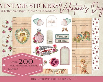 Kit de enfeites para o Dia dos Namorados, rosa, vermelho, vintage, amor, imprimível, para diário de arte, pacote de enfeites, rosas, floral, papel digital, tamanho carta
