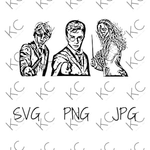 May include: Black and white line art illustration of three characters from the Harry Potter series. The characters are Harry Potter, Ron Weasley, and Hermione Granger. They are all holding wands and are looking determined.
