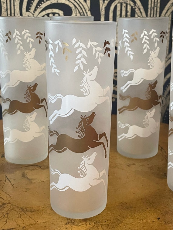 MCM Libbey Galloping Horse Cocktail Glasses Gold Frosted Highball