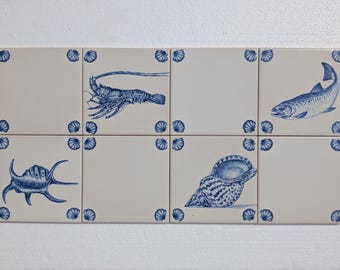 Hand-painted Ceramic Tiles, from 28x56 cm (8-piece set) to 42x84 cm (18-piece set);Blue Painting; Maritime/Sea Theme; Glazed Tile Backsplash