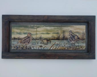 Malowane ręcznie płytki ceramiczne (płytki szkliwione), 15 x 45 cm/5,9 x 17,7 cala (bez ram/tylko płytki) - Trio of Snipes Painting; Ceramic Snipe; Snipe Art