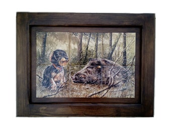Carreaux de céramique peints à la main, 21,6 x 32,4 cm (carrelage uniquement) - Peinture teckel et sanglier