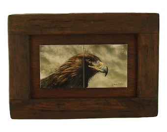 Hand-painted ceramic tiles (glazed ceramics). 10.8x21.6 cm (unframed) - Hawk painting