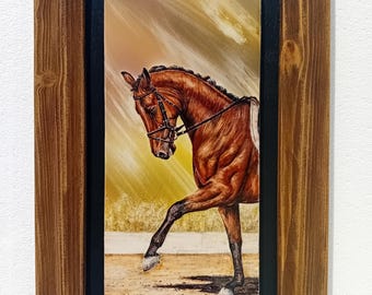 Handgeschilderde keramische tegels, 25,8 x 41,5 cm (ingelijst); Dressuurschilderen; Paardensport schilderij; Dressuurkunst; Paardensporttegel; Keramisch paard