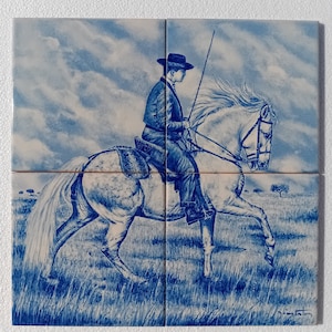 Hand-painted Ceramic Tiles, 30x30 cm (Tiles Only), Equestrian Art; Blue & White Tiles, Lusitano Horse; Working Equitation Painting