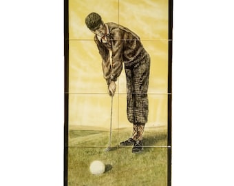 Hand-painted Ceramic Tiles, 28x56 cm (unframed) - Vintage Golfer Painting