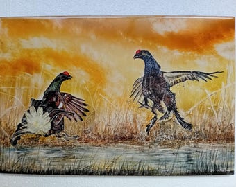 Hand-painted Ceramic Tile (Glazed Tile), 20×30 cm (Unframed/Tile only) - Black Grouse Painting; Black grouse Fight