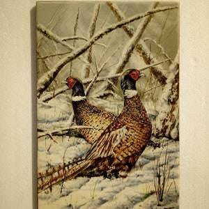 Hand-painted ceramic tile (glazed ceramics), 20x30 cm/7.9x11.8 in (unframed) - &quot;Faisanes&quot; Painting.