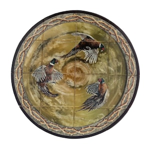 Tile Top Table - Hand-painted Ceramic Tiles (Glazed Tiles), Diameter: 53 cm/22 in. (Tiles only),  There Pheasants, Decor for Country Homes;