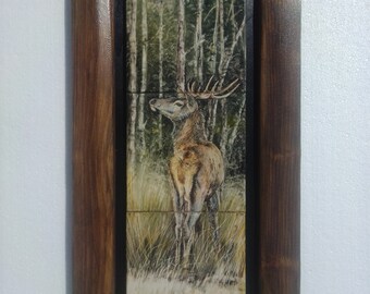 Hand-painted Tiles, approx. 27x55 cm  (Framed)  Ceramic Painting - "Cerf" Painting; Gift for Hunters; Hunting Decor.