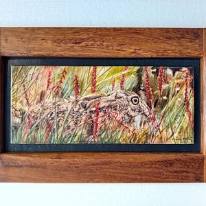Hand-painted Tile, Ceramic Painting, approx. 26.5x54.5 cm (framed) - "Liebre" Painting; Ceramic Hare; Wildlife Art;