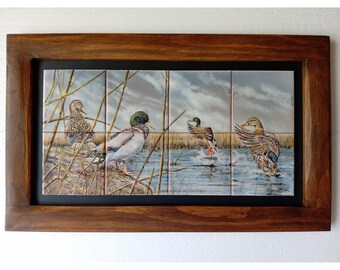 Carreaux de céramique peints à la main - Peinture sur céramique, 21,6 x 43,2 cm/8,5 x 43,2 pouces (sans cadre/carrelage uniquement) - Peinture « Patos »