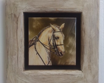Płytka malowana ręcznie (płytka szkliwiona), 15 x 15 cm (bez ramy/tylko płytka), obraz ceramiczny - „Cheval Lusitanien”; Ceramic Lusitano