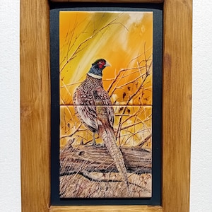 Hand-painted Ceramic Tiles, 26.1x40.9 cm (Framed) - &quot;Faisán&quot; Painting; Pheasant Art; Pheasant Decor