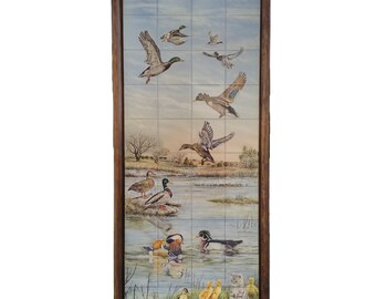 Carreaux de céramique peints à la main, carrelage mural, 56 x 168 cm/22 x 66,1 pouces (sans cadre/carrelage uniquement) ; Tableau « Patos » ; Canards en céramique (ensemble de 40 pièces)