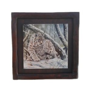 Hand-painted Ceramic Tiles, 28x28 cm/11x11 inches (Unframed/Tiles only); Ceramic Painting - Eurasian Lynx Painting; Ceramic Lynx;  Lynx Art