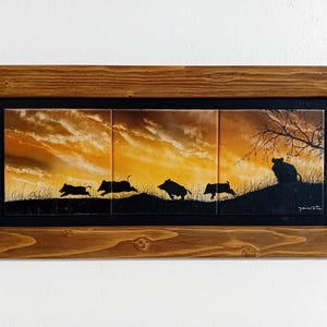 Hand-painted Ceramic Tiles, 26.8x56.8 cm (Framed) - &quot;Cinghiali&quot; Painting; Wild Boar Art; Wild Boar Decoration; Ceramic Wild Boar