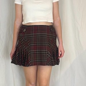 Vintage 90s Burgandy Tartan Pleated Wool Mini Skirt