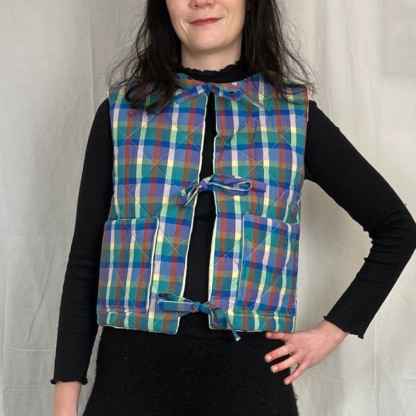 Zoe Handmade Blue Check Tie Front Quilted Vest Gilet