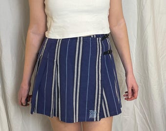 Vintage 90s Burberry Blue Striped Denim Pleated Mini Wrap Skirt