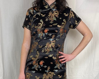 Vintage 80s Black Floral Silk Cheongsam Dress