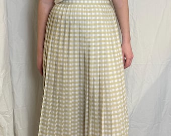 Vintage 80s White Gingham Pleated Midi Skirt
