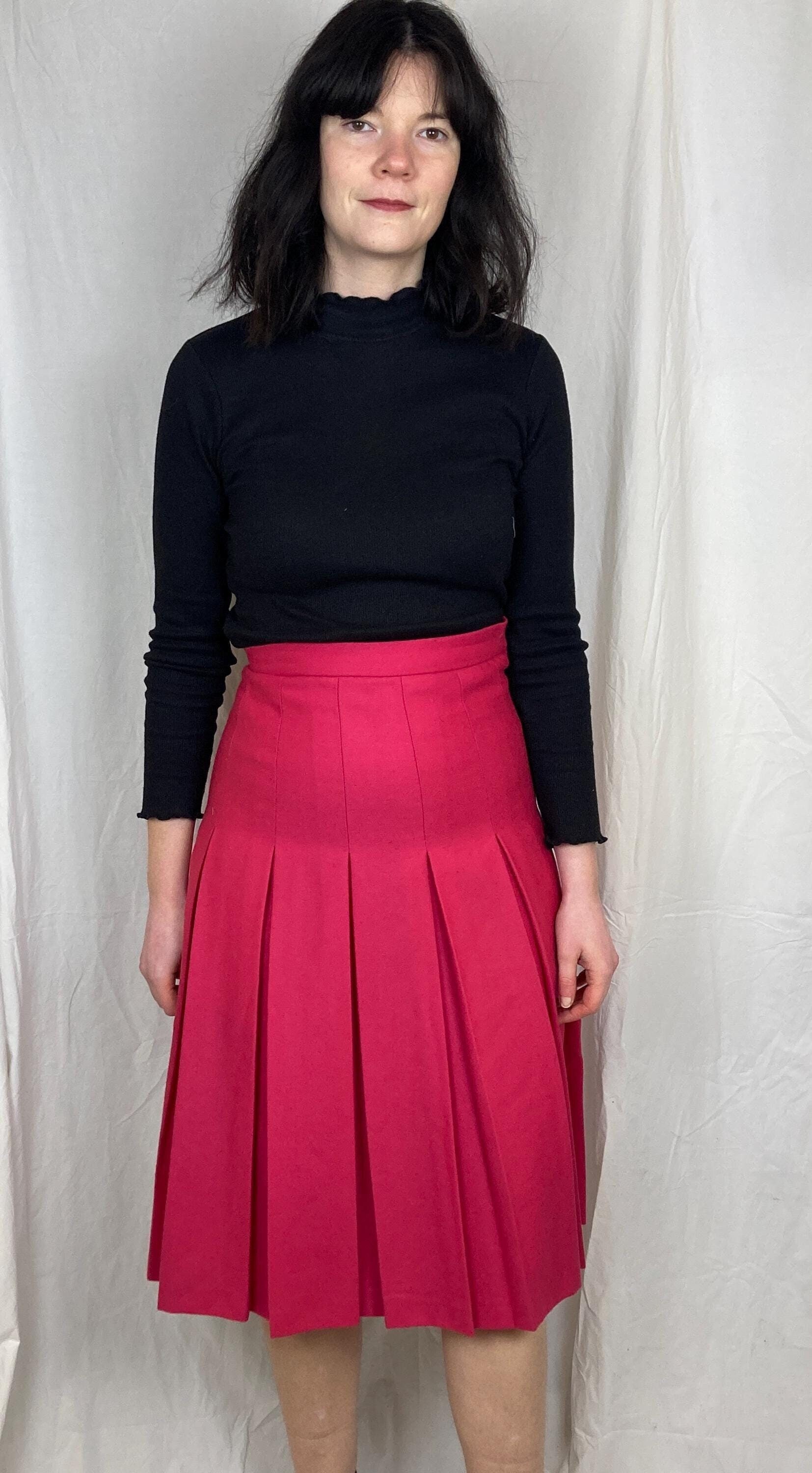 Vintage 80s Pink Pleated Wool Midi Skirt
