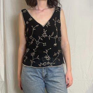 Vintage 90s Black Floral Sleeveless Silver Sequin Top